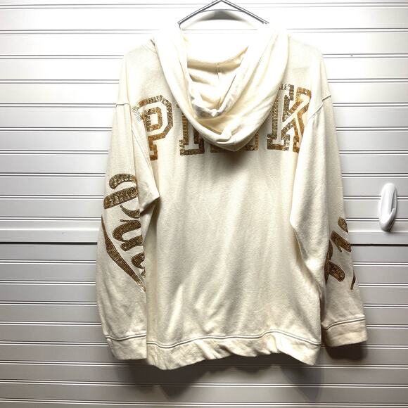 PINK Victoria’s Secret Oversized Cream Hoodie w/Gold Sequence Branding Size M - Picture 3 of 13